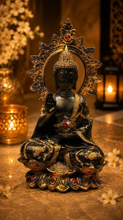 Meditating Buddha Statue on Black Lotus