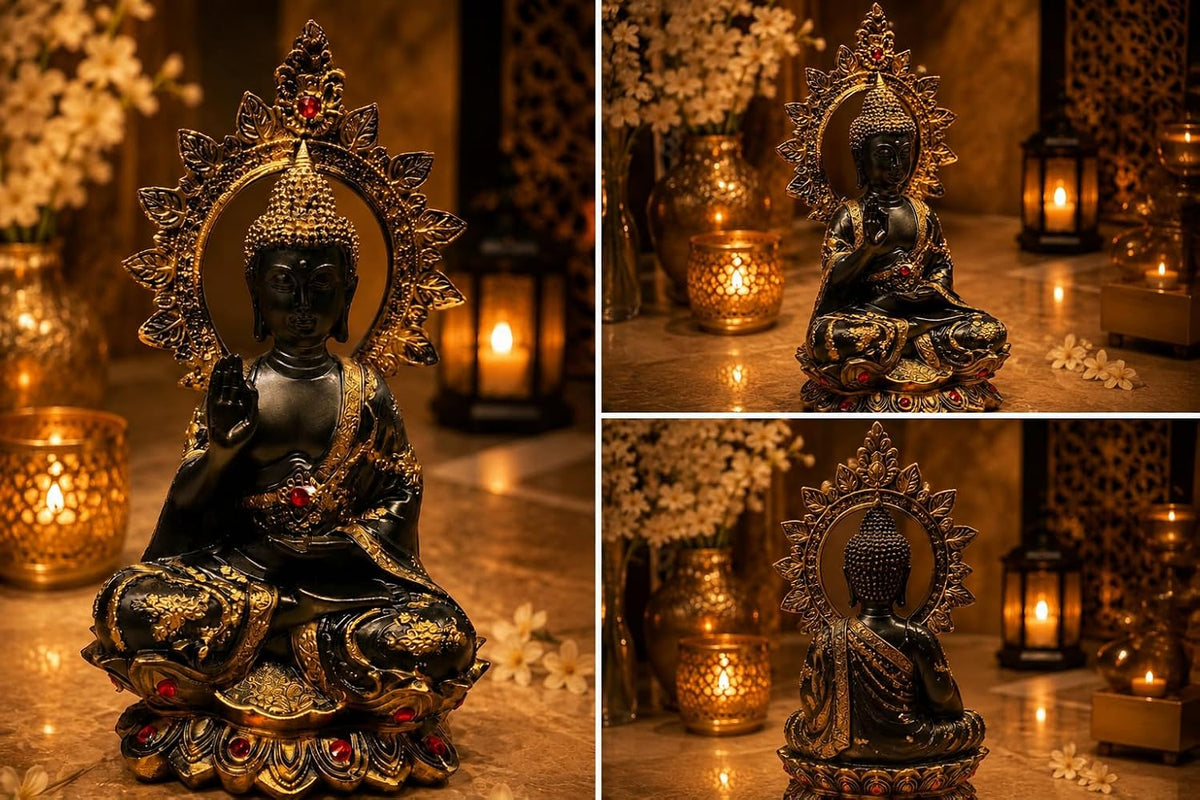 Meditating Buddha Statue on Black Lotus